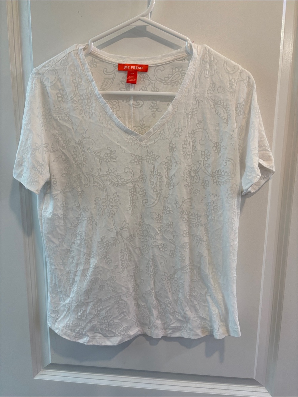 Joe Fresh White V-Neck Tee with Subtle Floral Pattern